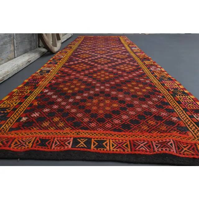 Vintage Turkish Oushak Handmade Wool Cotton Red Runner Rug 115x470
