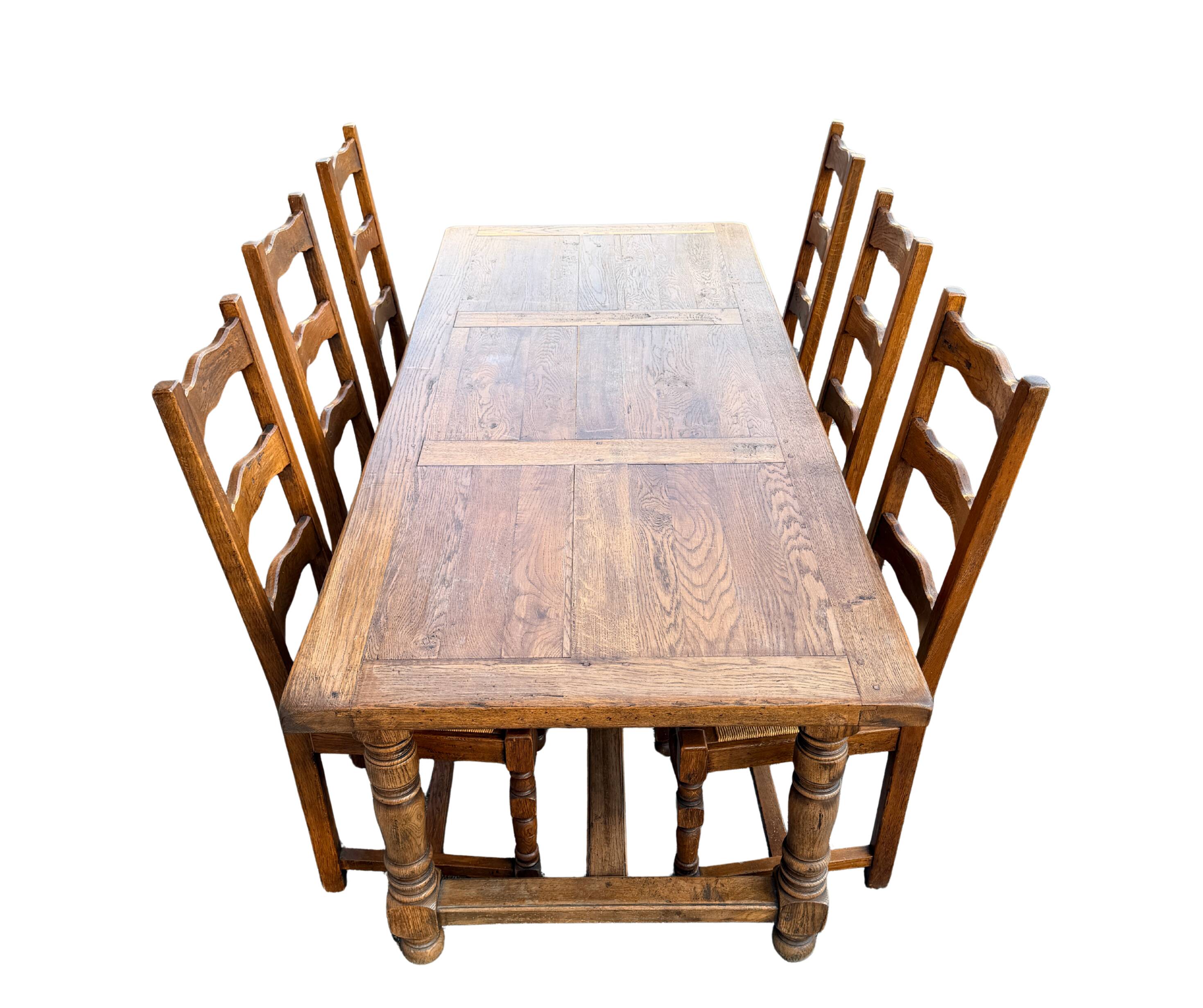 Large farmhouse table made of solid wood.
