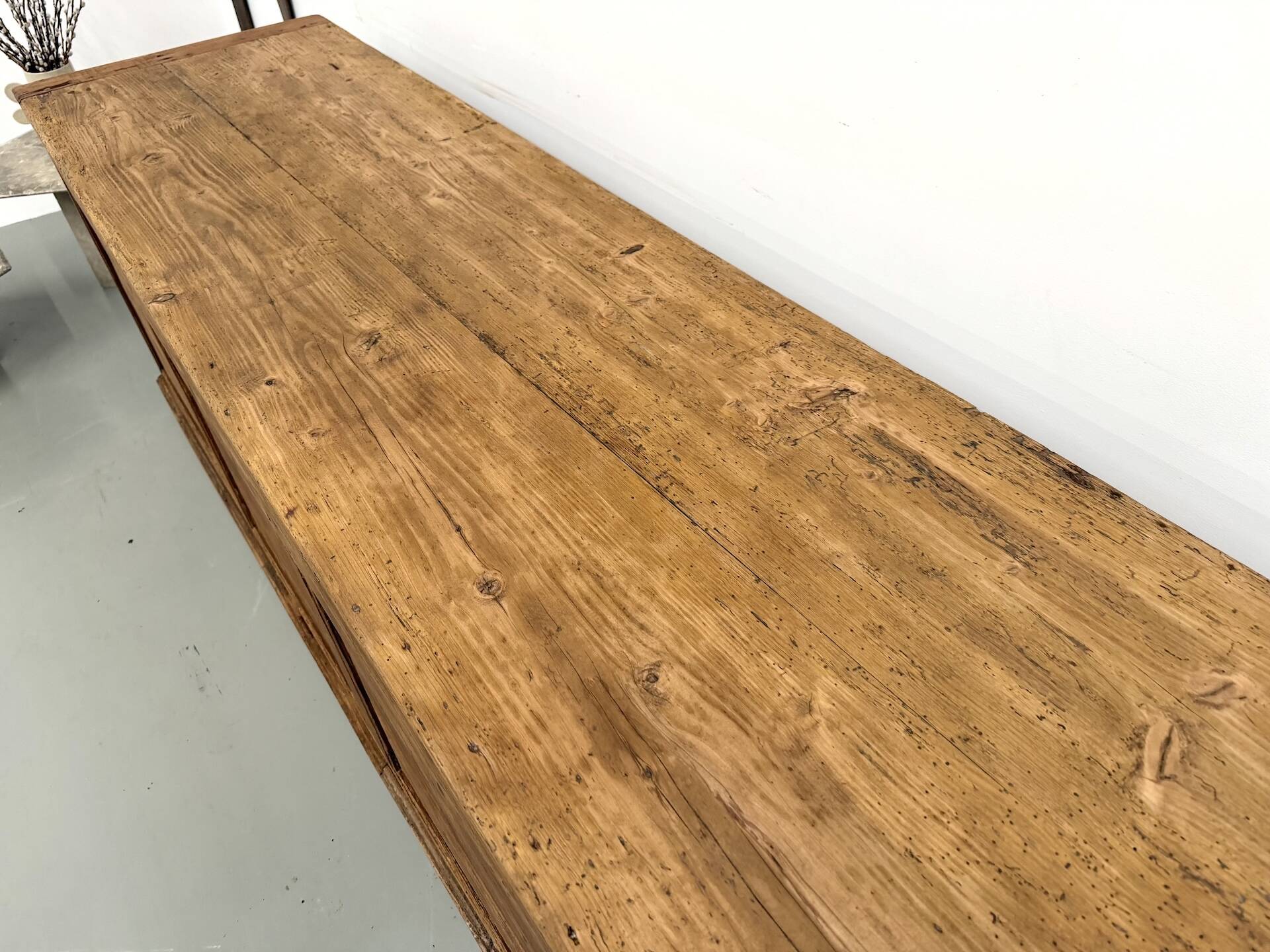 Very large pine trade counter, circa 1920.