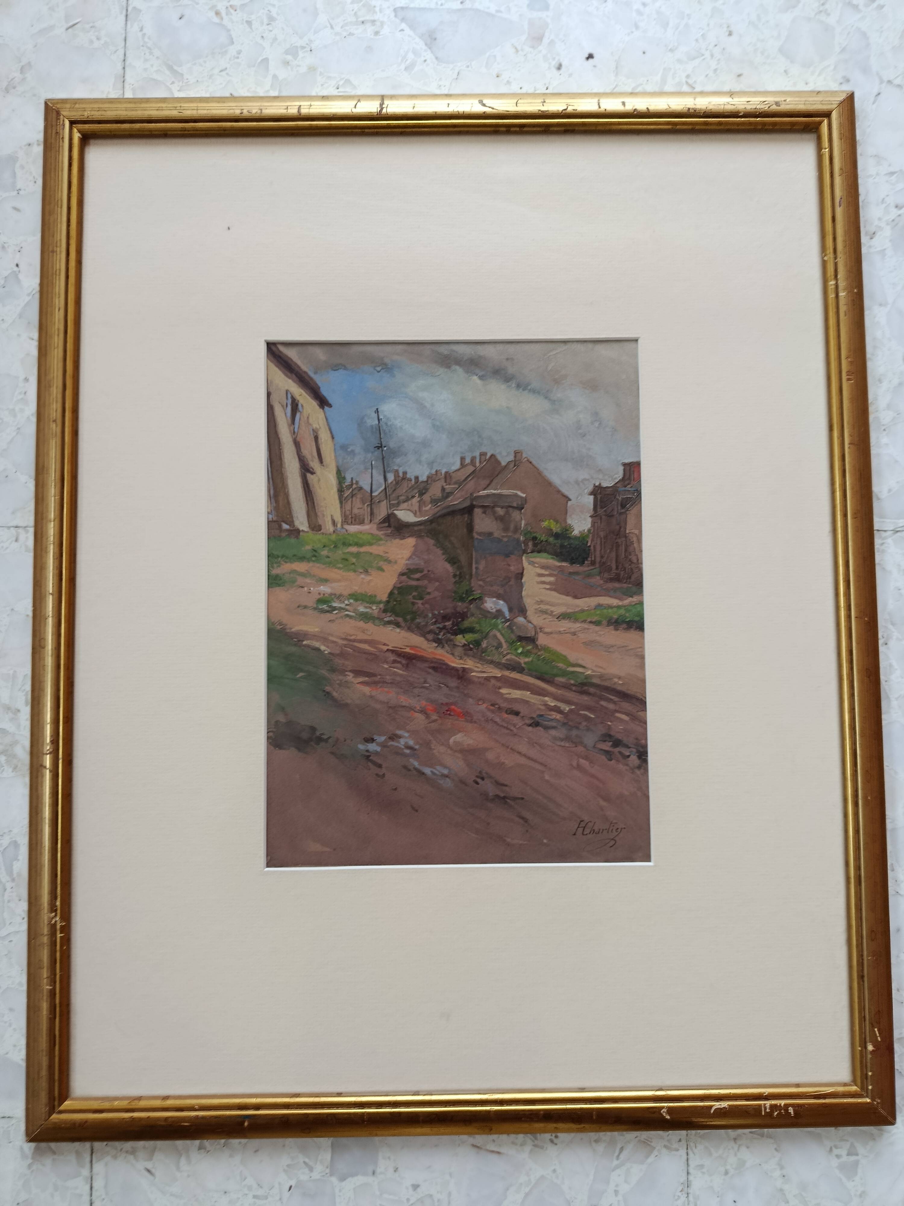 Watercolor by henri chartier: village streets around 1900, military painter