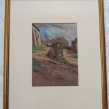 Watercolor by henri chartier: village streets around 1900, military painter