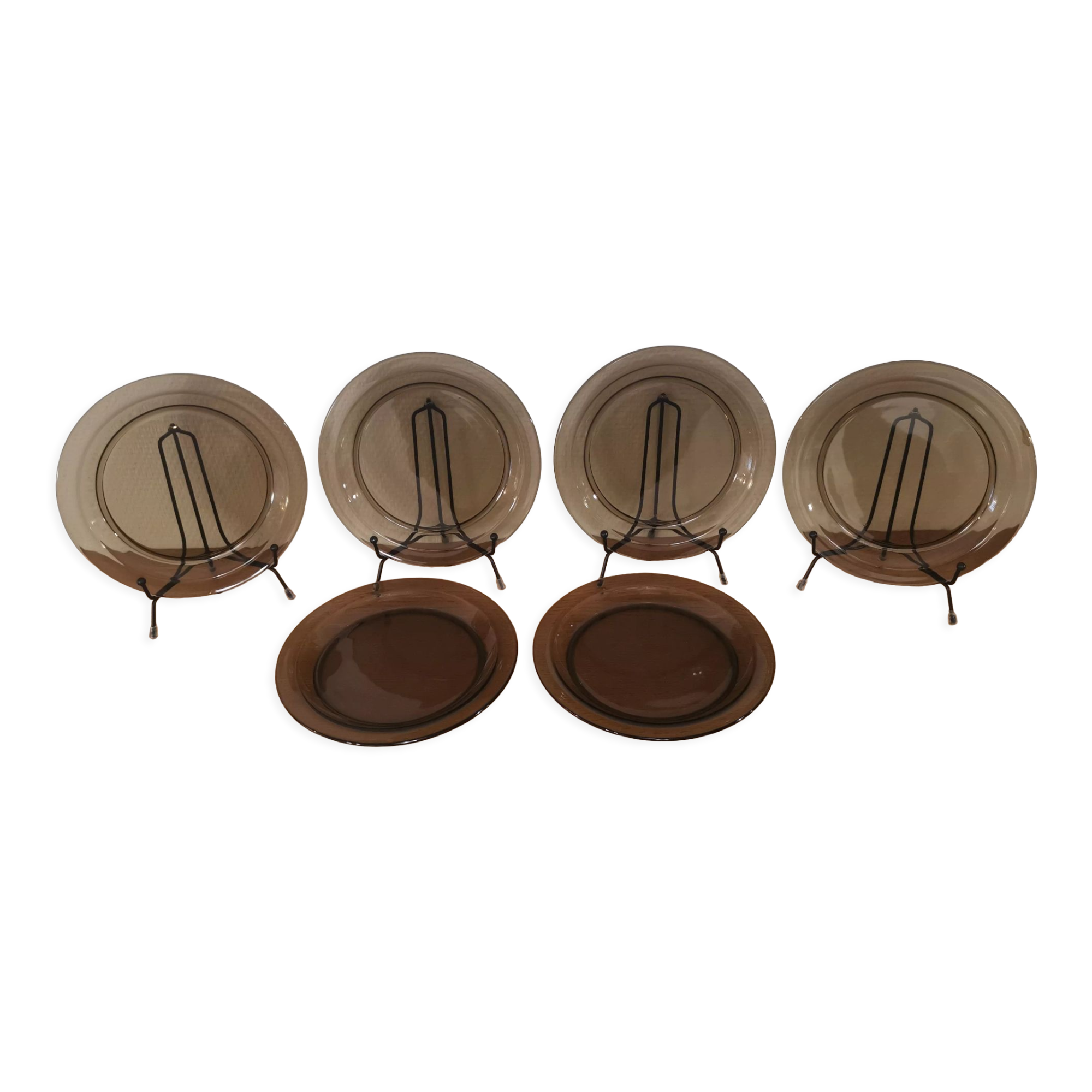 Set of 6 dessert plates vereco smoked brown 70's vintage