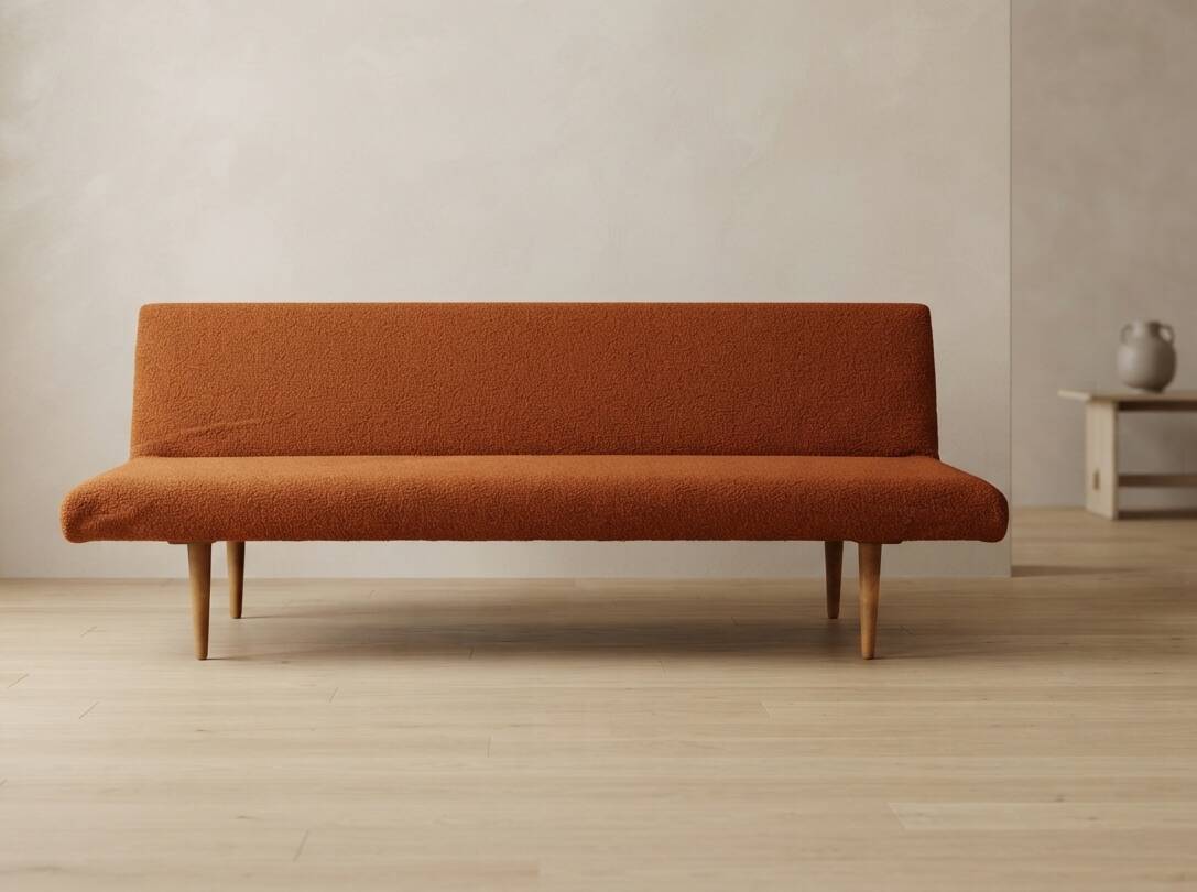 Lit de jour pliant des années 50 par Miroslav Navrátil, revêtement orange, années 1960, Tchécoslovaquie, 186 × 60 × 72 cm