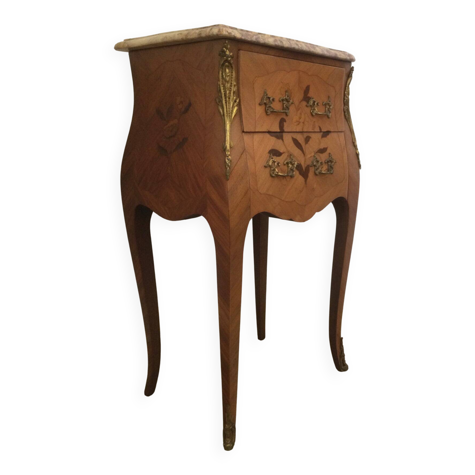 Pair of curved bedside tables in the Louis XV style with noble wood marquetry from the period.