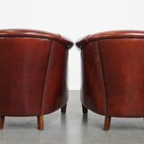 Set of 2 Cognac-Colored Cowhide Leather Club Chairs with Matching Ottoman
