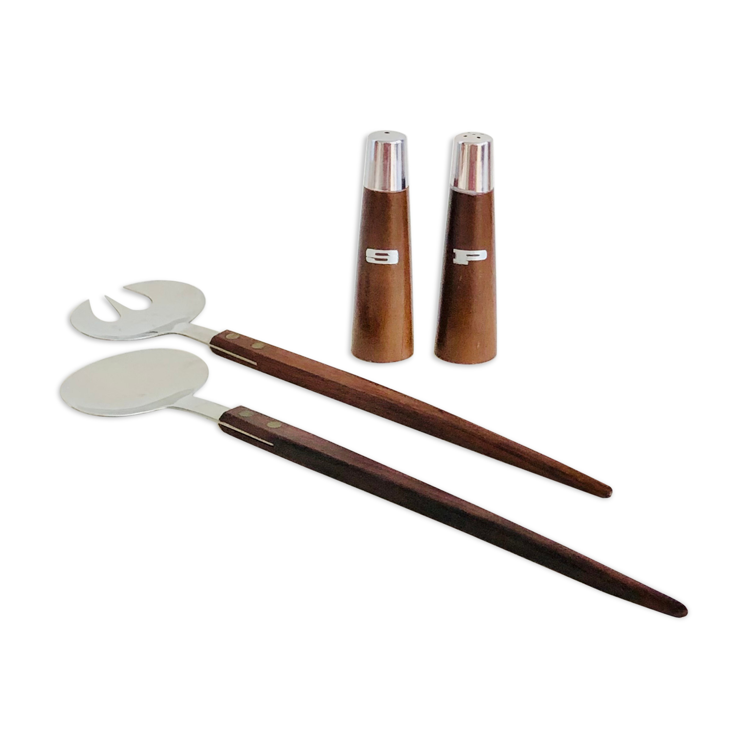 Set of Scandinavian salad cutlery, salt and pepper shaker in teak and steel
