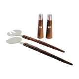 Set of Scandinavian salad cutlery, salt and pepper shaker in teak and steel