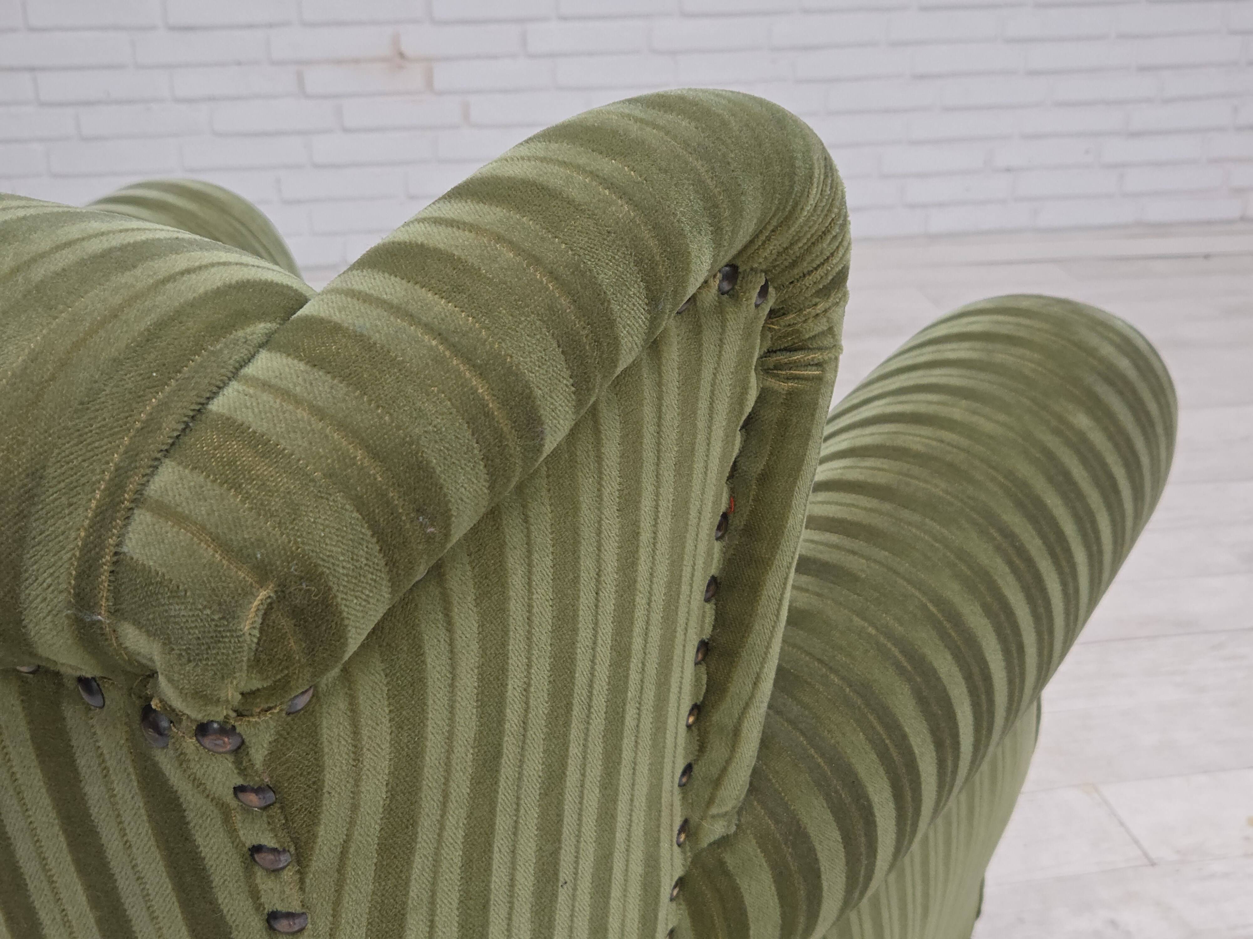 1950s, Danish relax armchair, green furniture velour fabric, ash wood legs.