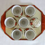 Vintage iridescent set of 6 egg cups, salt shaker, tray and pitchers