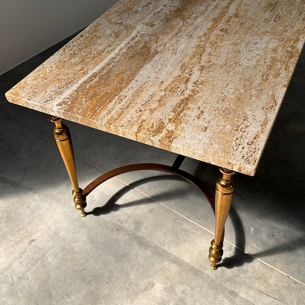 Elegant travertine coffee table with brass base, 1970s