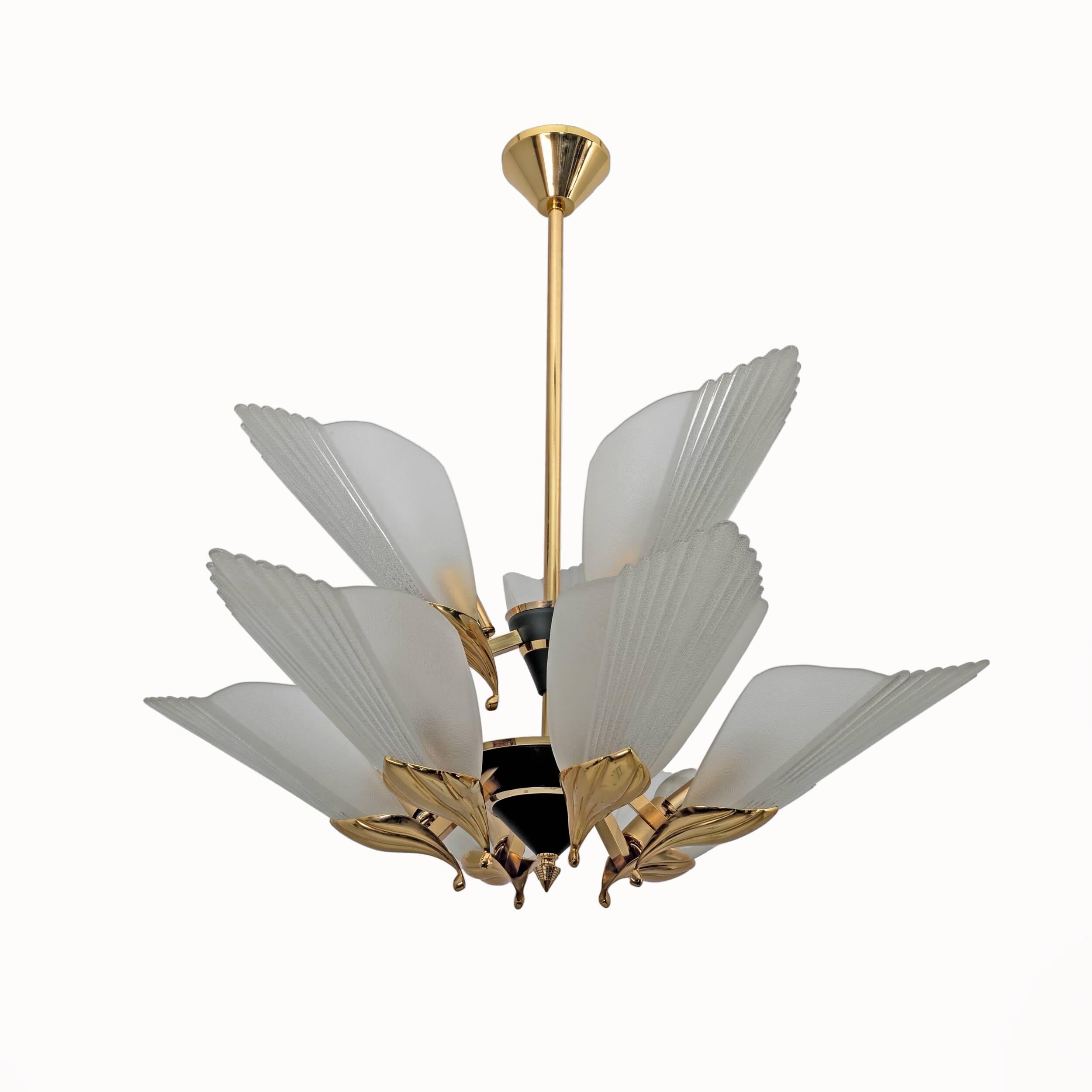 Nine-light Chandelier Brass and Acid-etched Glass by F. Fabbian, 1980s