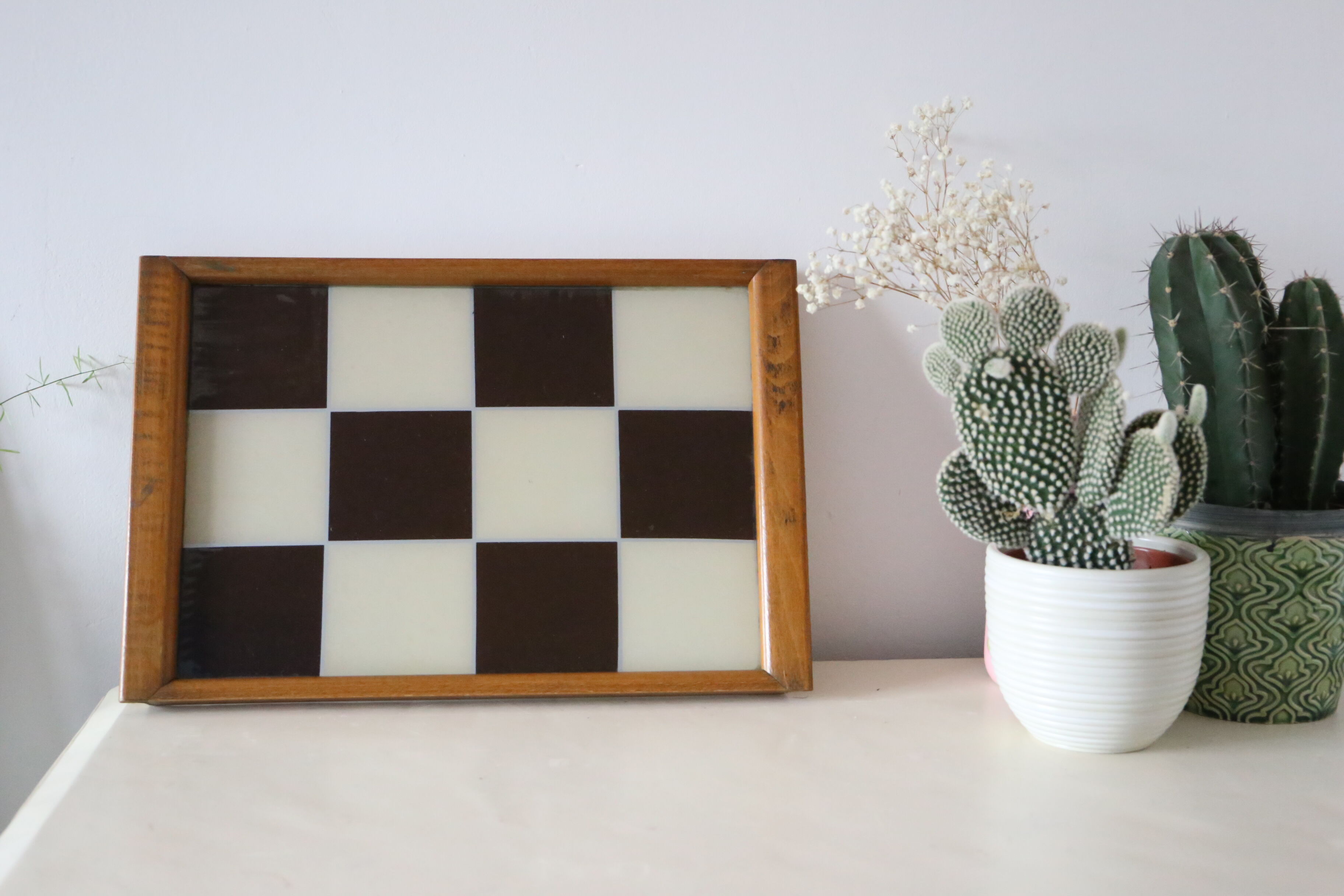 Wooden and glass tray, vintage