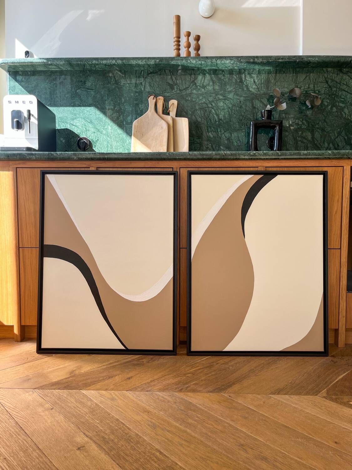 Taupe and black diptych paintings