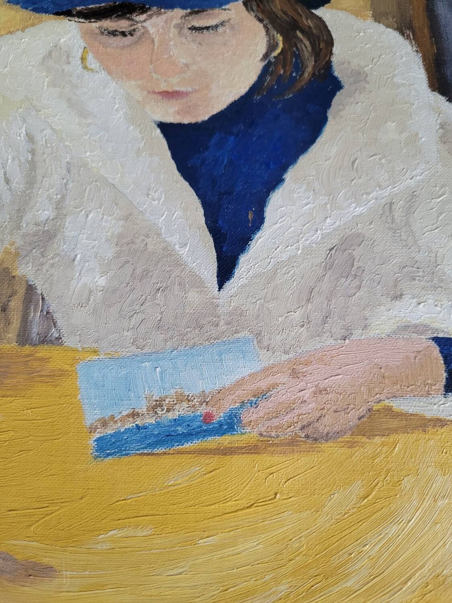 Oil on canvas portrait of a woman writing a postcard