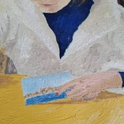 Oil on canvas portrait of a woman writing a postcard
