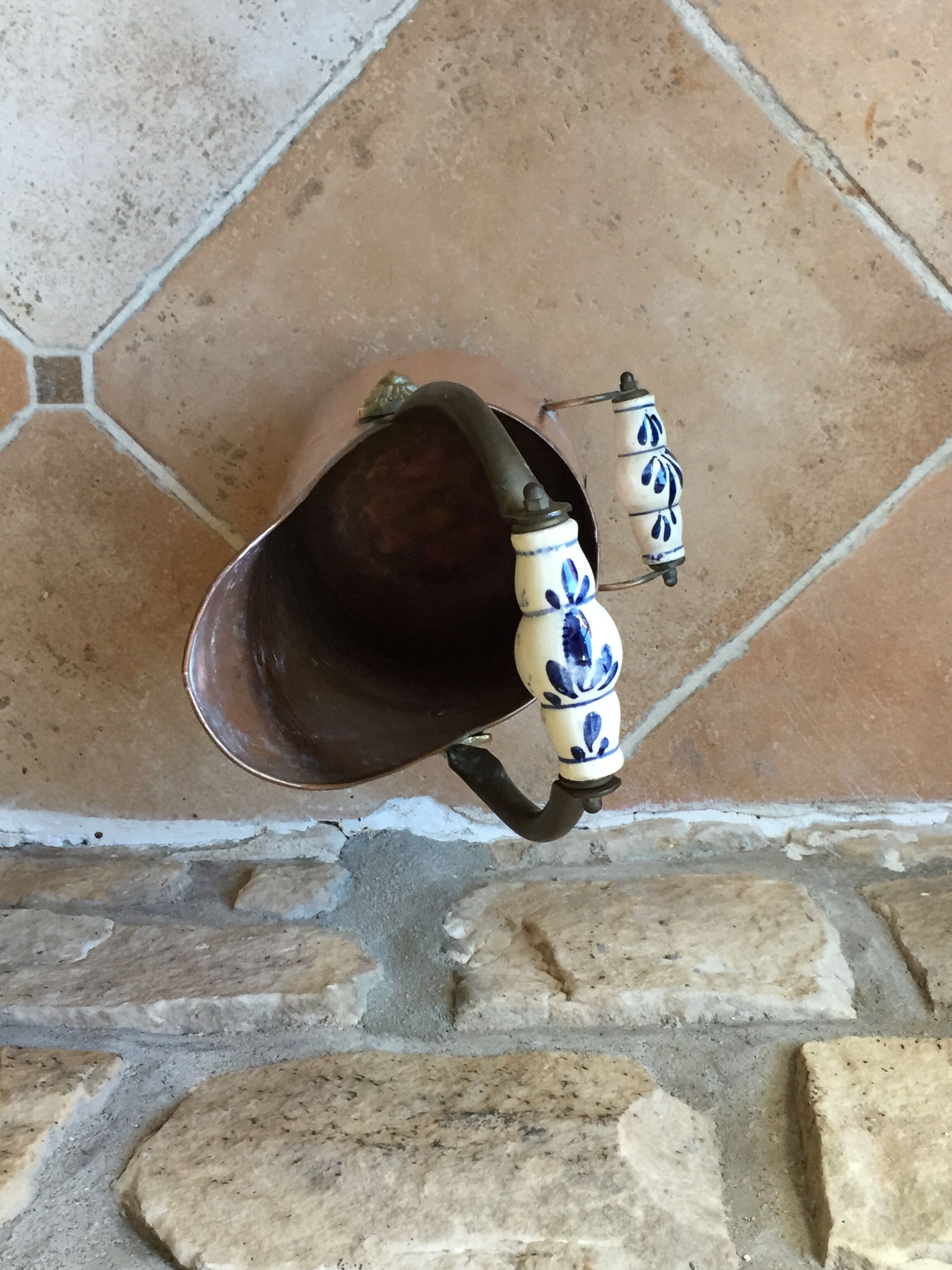Pink hammered copper coal bucket and porcelain handles