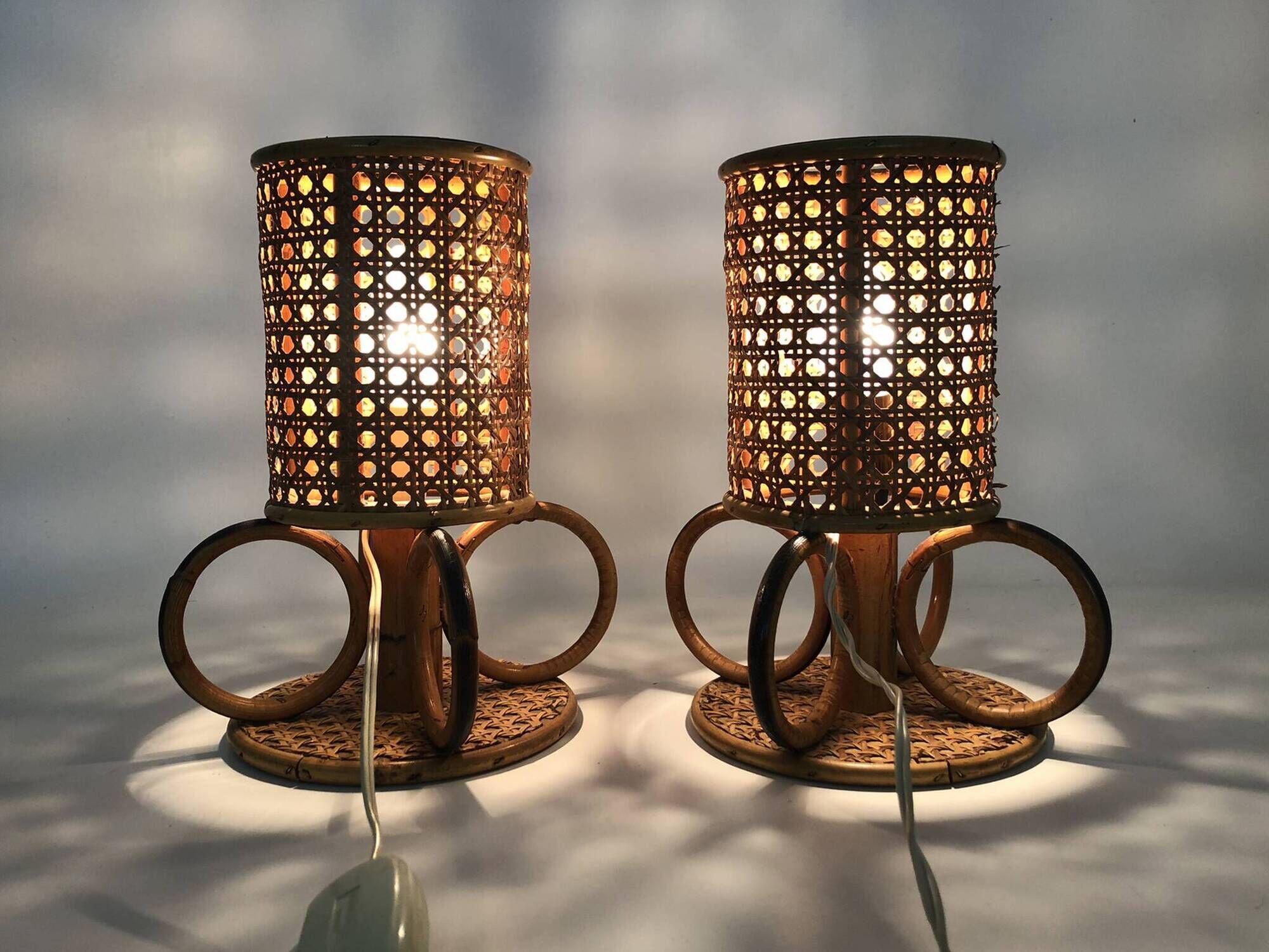 Pair of bamboo rattan caned lamps. Italy 1950s 60s.