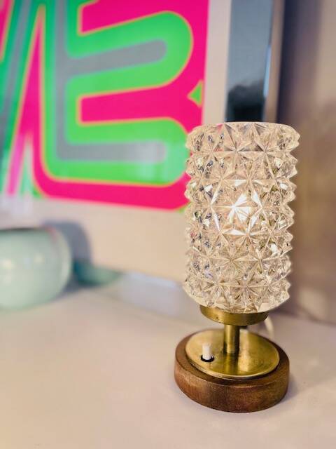 Vintage Mid-Century Scandinavian lamp in wood, brass, and pressed glass with spikes.