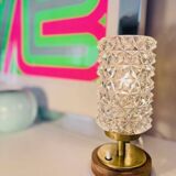 Vintage Mid-Century Scandinavian lamp in wood, brass, and pressed glass with spikes.