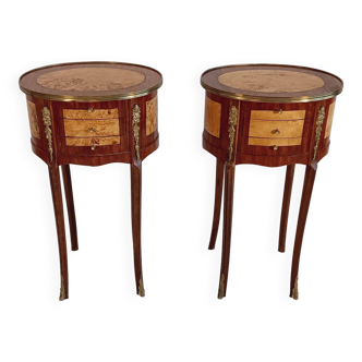 Pair of bouillotte louis xvi style bedside tables with marquetry and bronze
