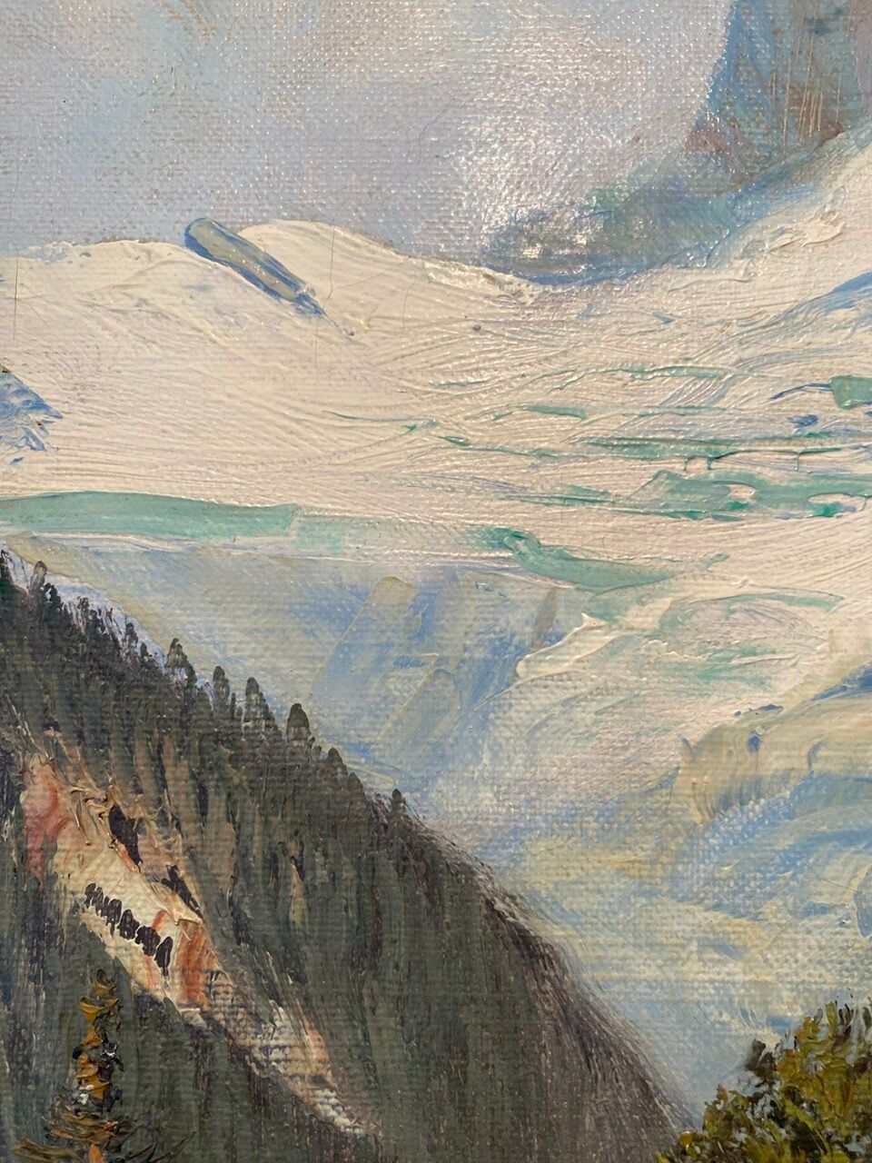 Old painting, Swiss mountain landscape signed H Herzer, mid-XX century