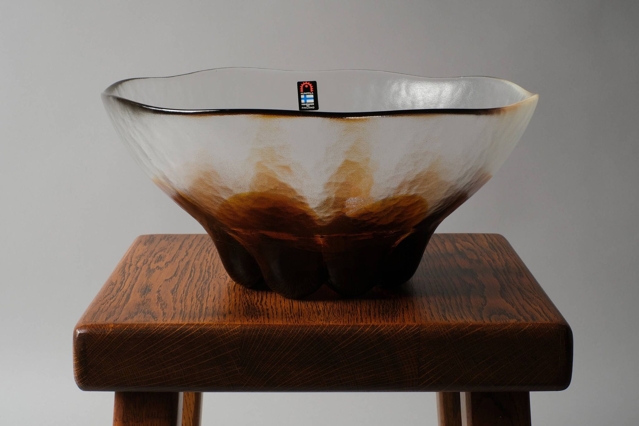 Humppila Finland Amber Art Glass Bowl, MCM Petal Sunburst Design, 1970s.