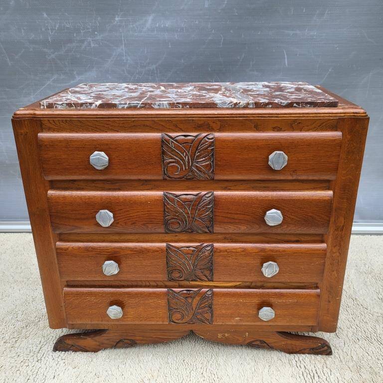 1930 Art Deco chest of drawers with recessed pink marble