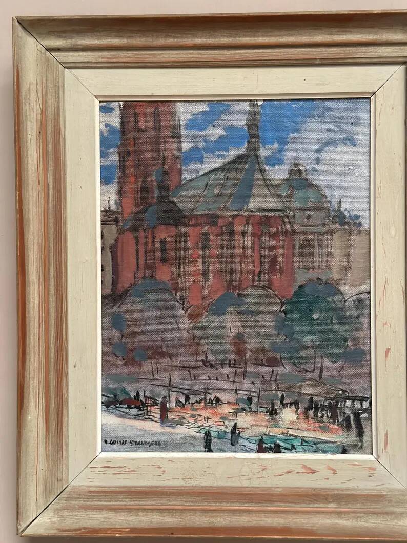 Original Swedish Oil on Panel – “Castle Behind Trees” by K. Gustaf Strandgers – Signed – Vintage & Framed