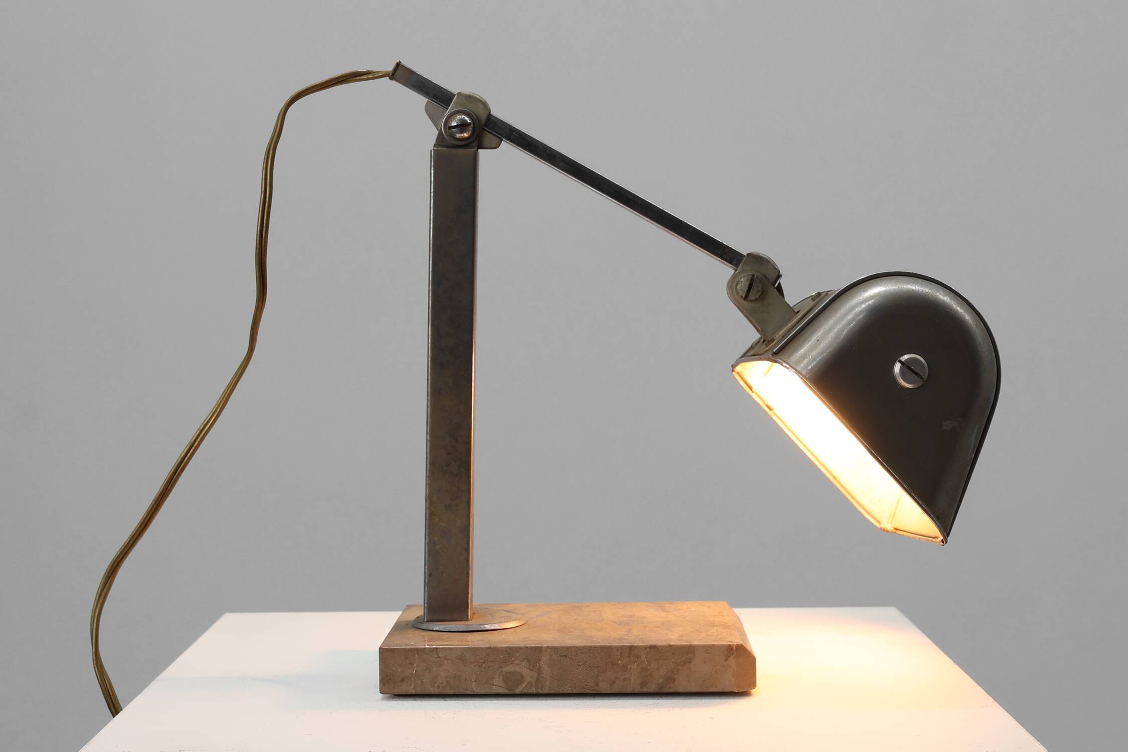 Art Deco Industrial metal and travertine Desk Lamp, Belgium 1930s