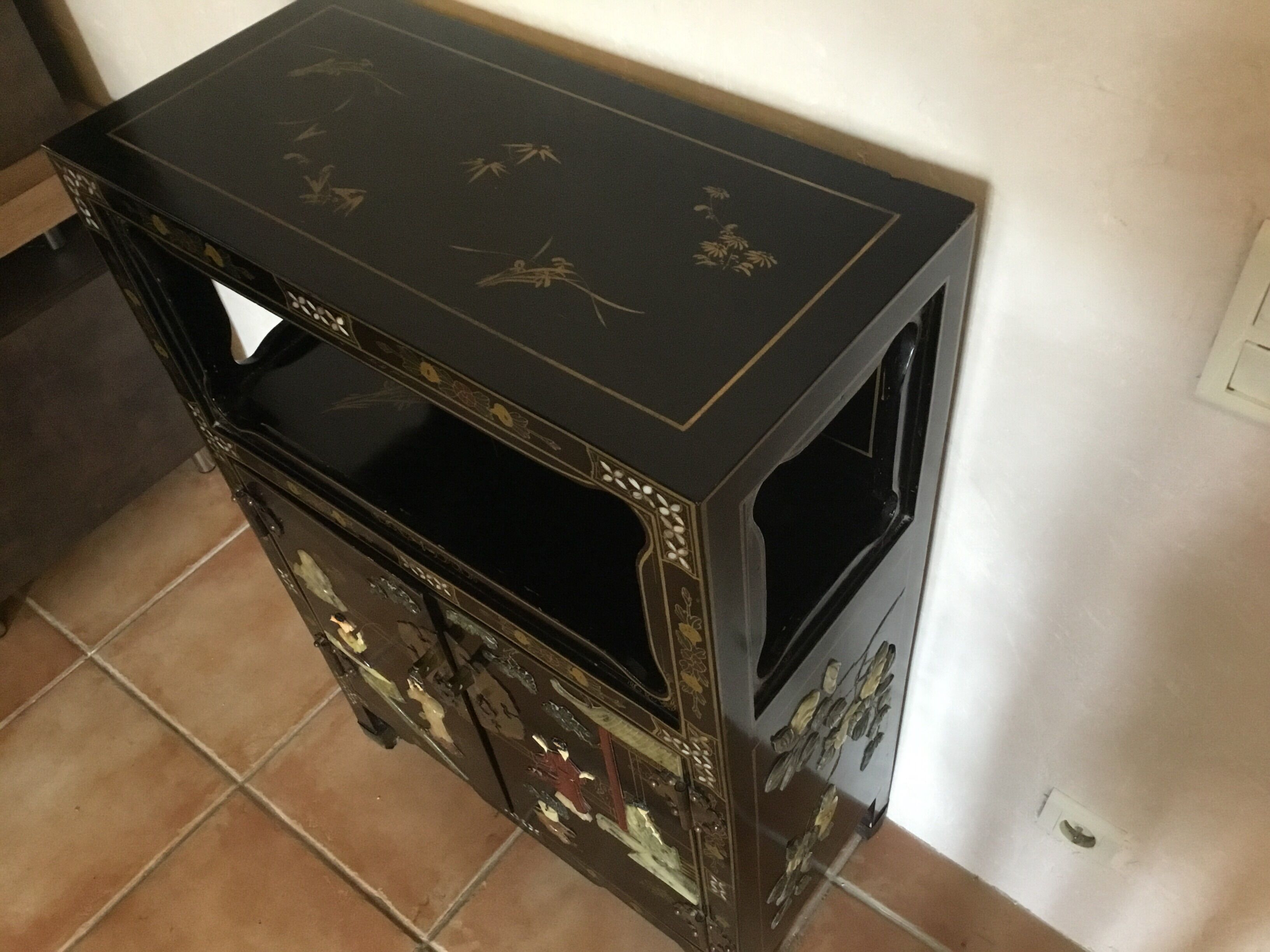 Asian laque furniture embossed motifs mother-of-pearl, stone and other