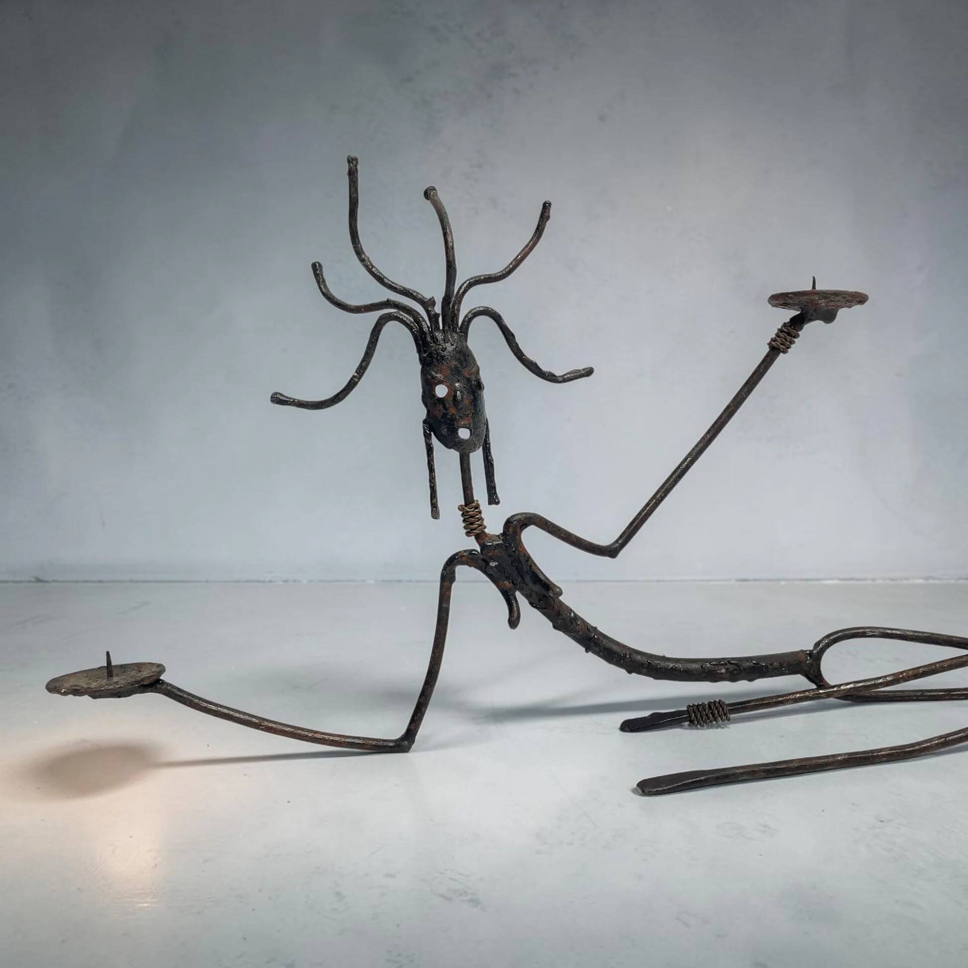 Set of tribal brutalist metal candle holders women