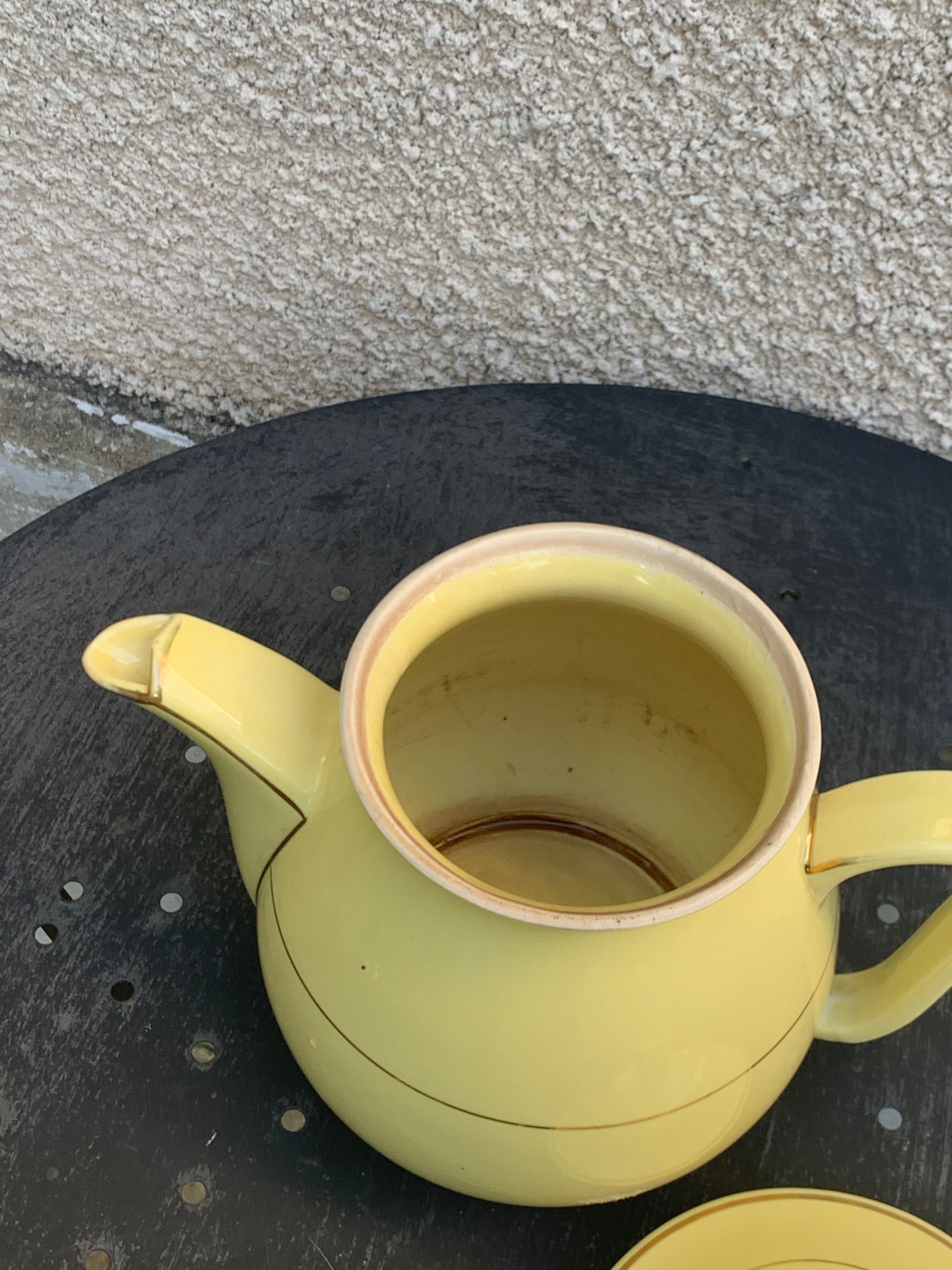 Teapot, yellow earthenware coffee maker and vintage gold edging