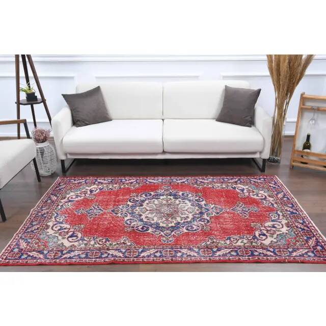Vintage Turkish Oushak Handmade Wool Cotton Red Area Rug 124x209