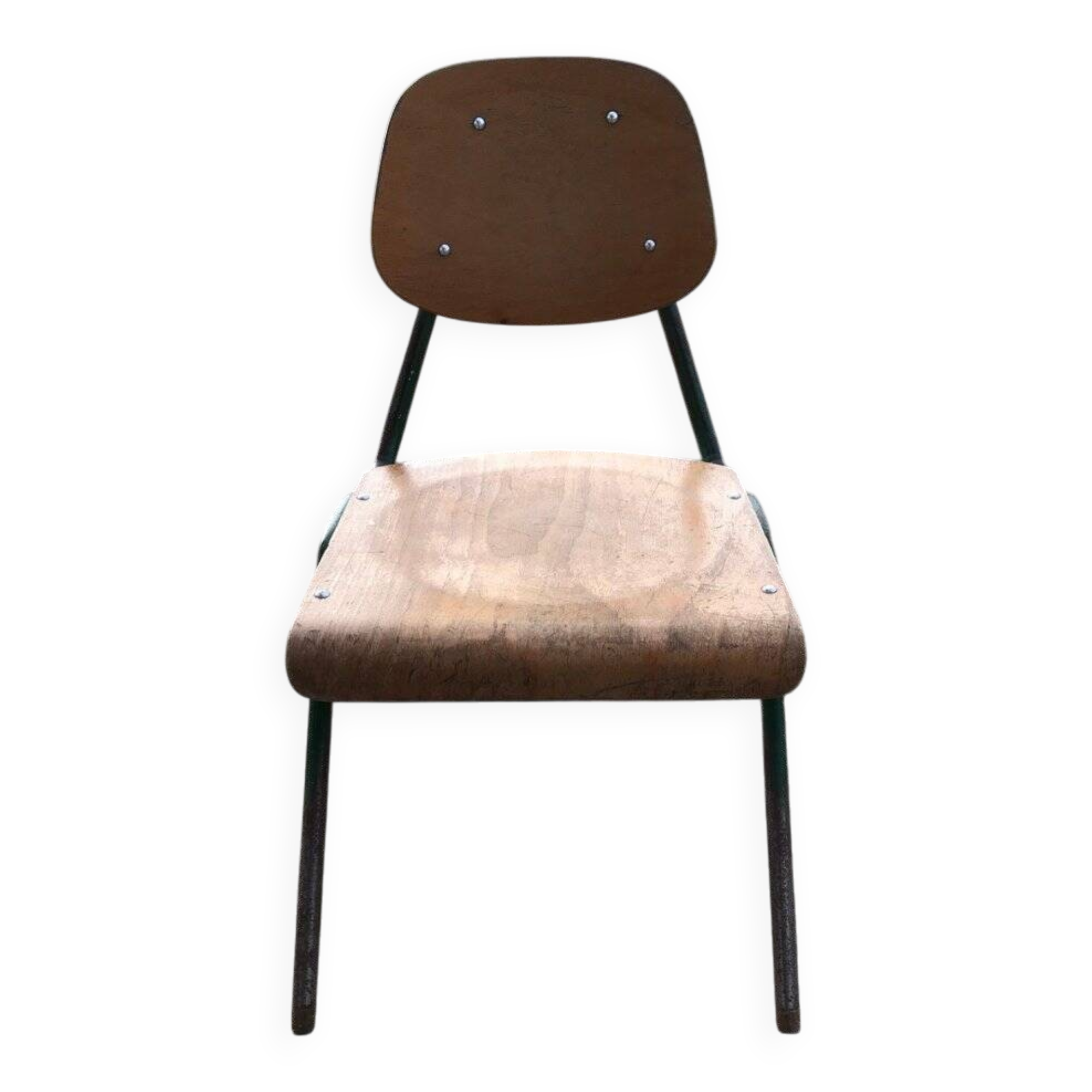 Set of 3 children's chairs from the 1960s in brown plywood with a green steel frame, school style.