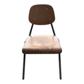 Set of 3 children's chairs from the 1960s in brown plywood with a green steel frame, school style.