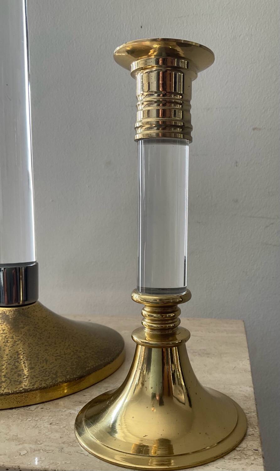 Duo of vintage brass and lucite candlesticks