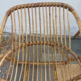 4 armchairs and a coffee table made of rattan and bamboo wood, vintage.