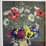 Oil on canvas still life with flowers and statuette 1920