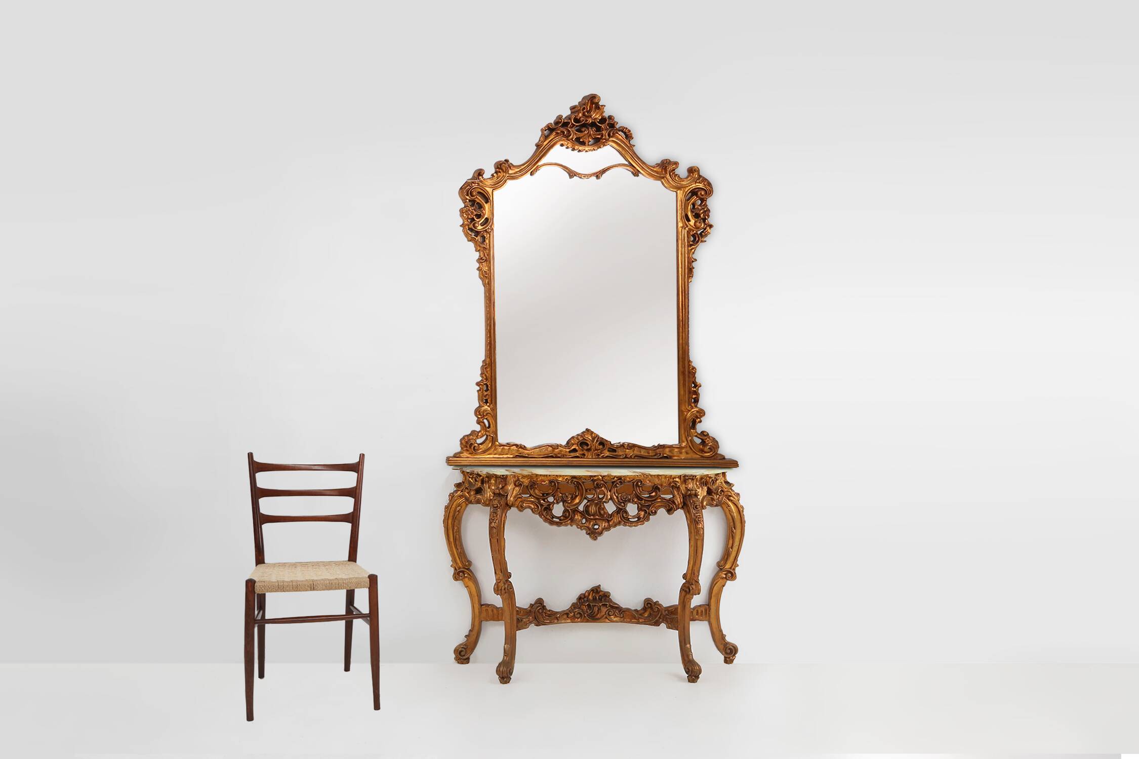 20th century wood-carved Louis XV style console with marble top, France ca. 1970