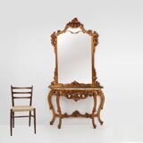 20th century wood-carved Louis XV style console with marble top, France ca. 1970