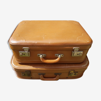 Paire ancienne valise record carton fibre marron avec anse cuir vintage