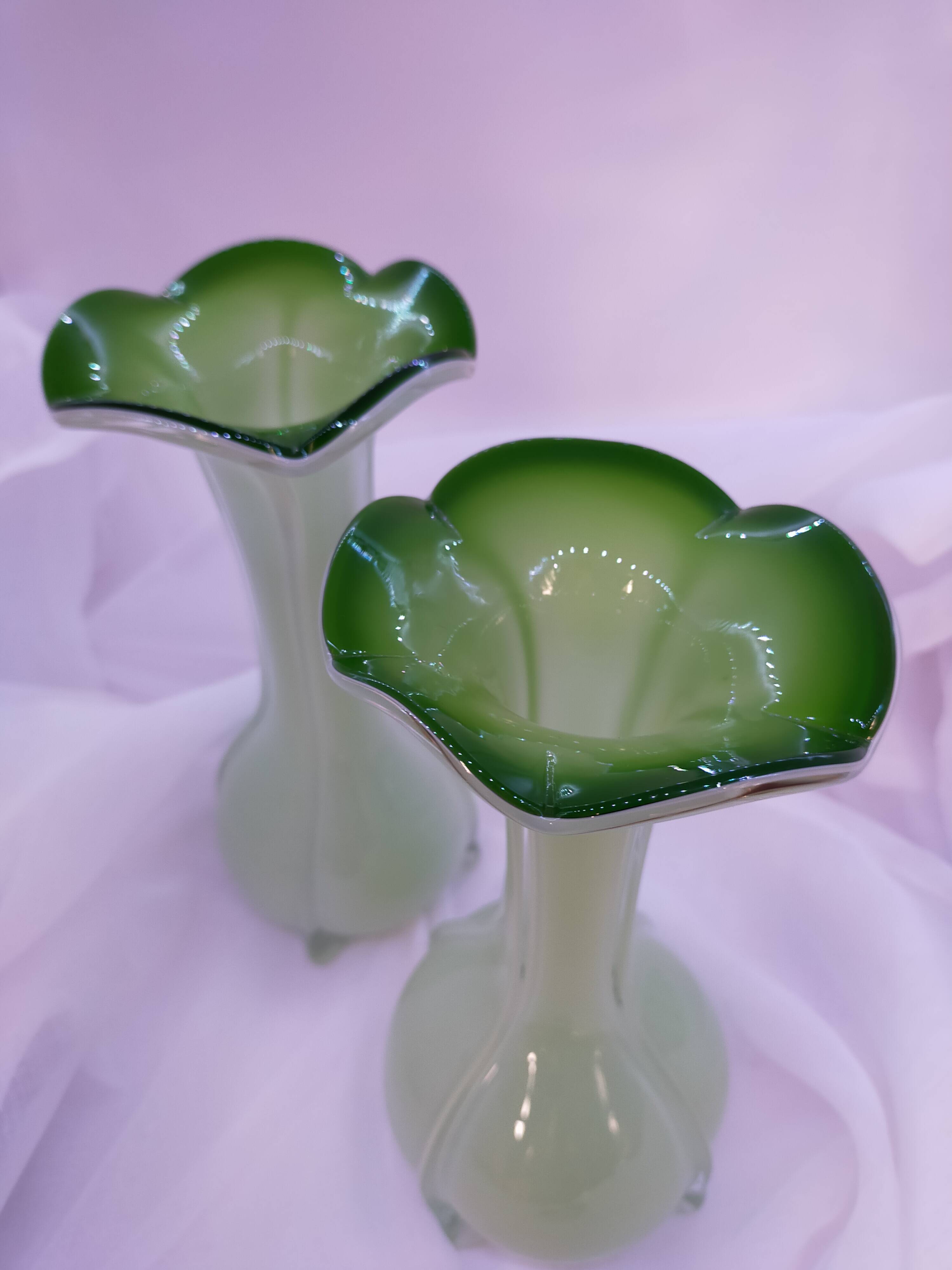 Pair of antique Murano style multi-layered blown glass vases, retro colored, Art Deco