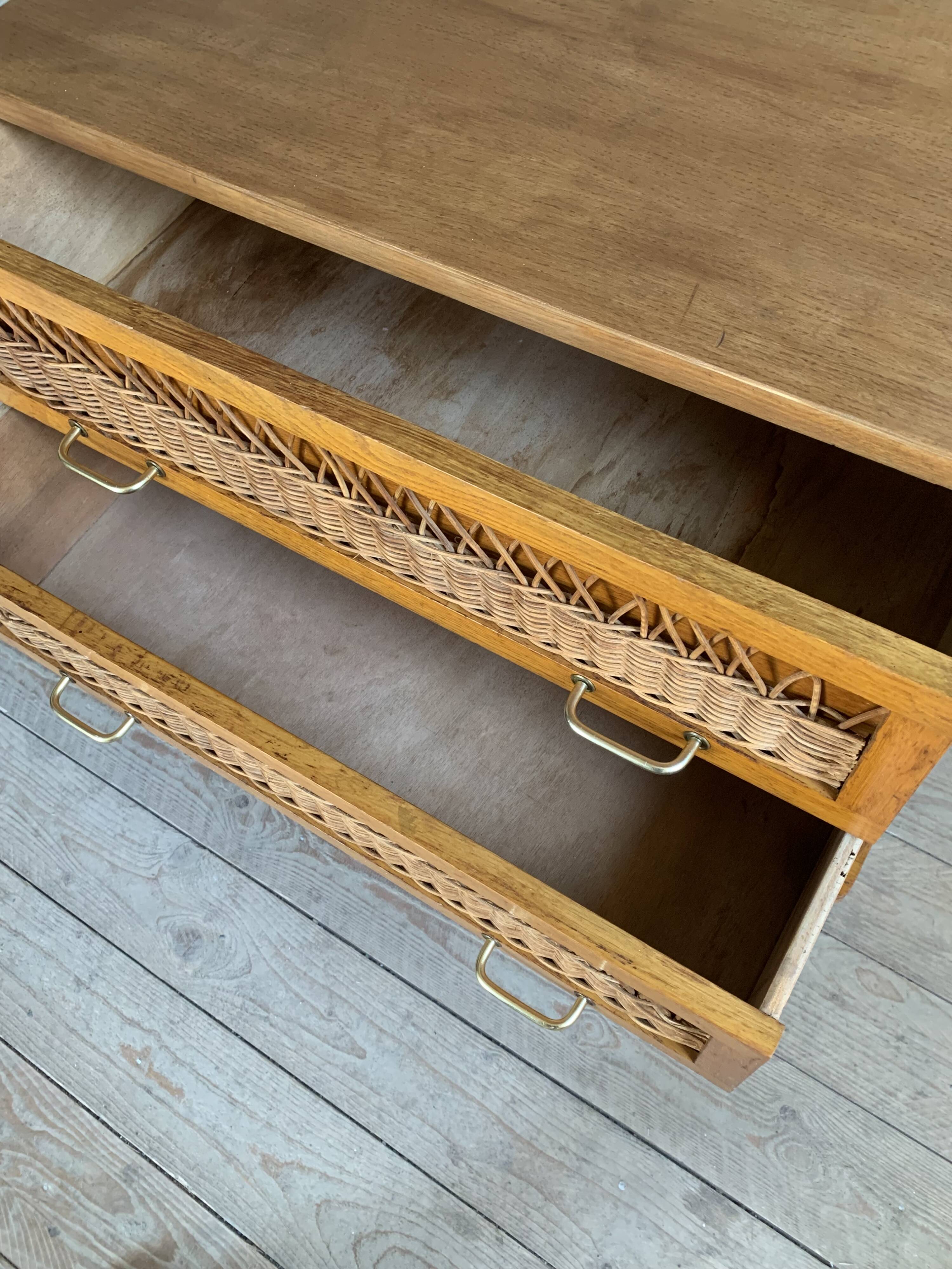 Vintage oak and rattan chest of drawers