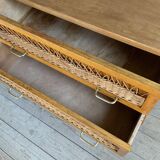 Vintage oak and rattan chest of drawers