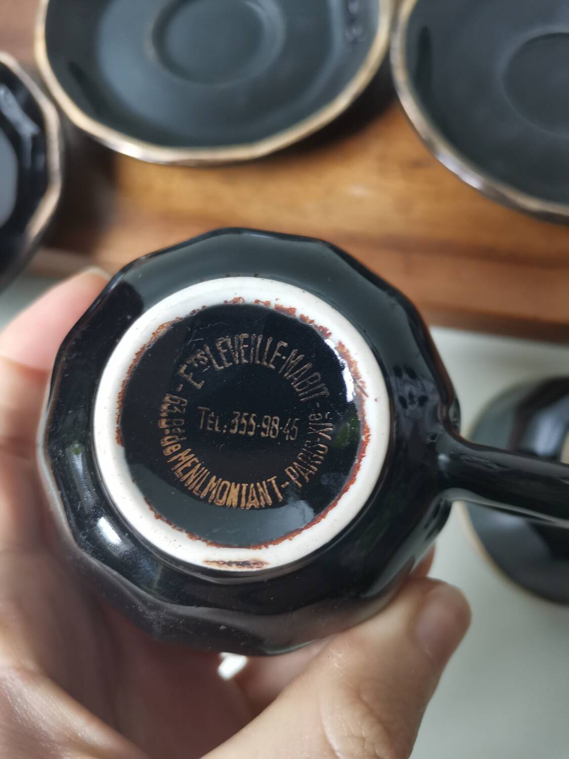 Set of 4 vintage bar cups and saucers black green and gold ets leveille mabit paris