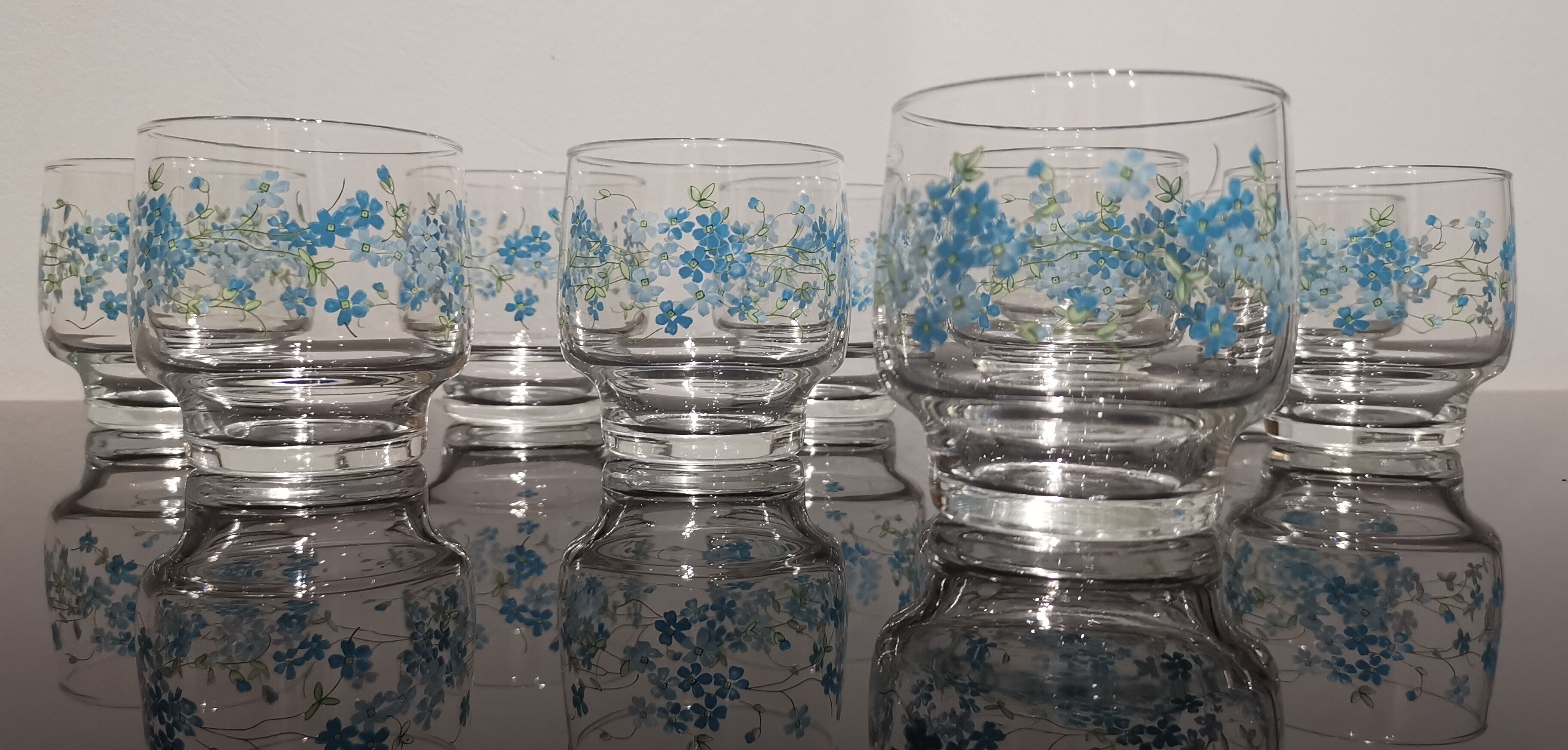 Set of 10 water glasses Veronica Luminarc Arcoroc decoration small blue flowers 80's