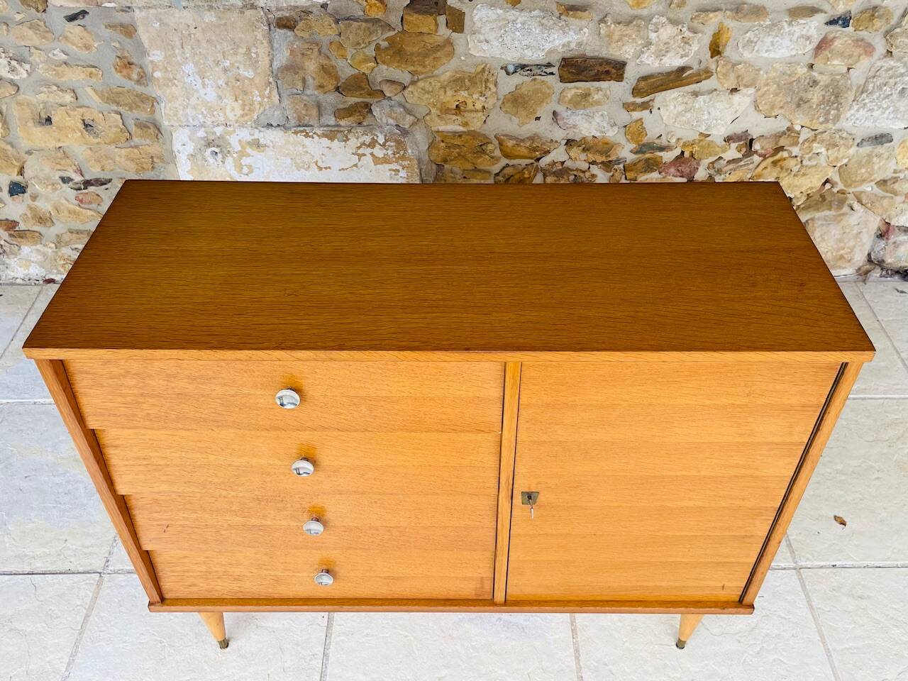 Large vintage chest of drawers with 4 drawers and oak storage, circa 1960s.
