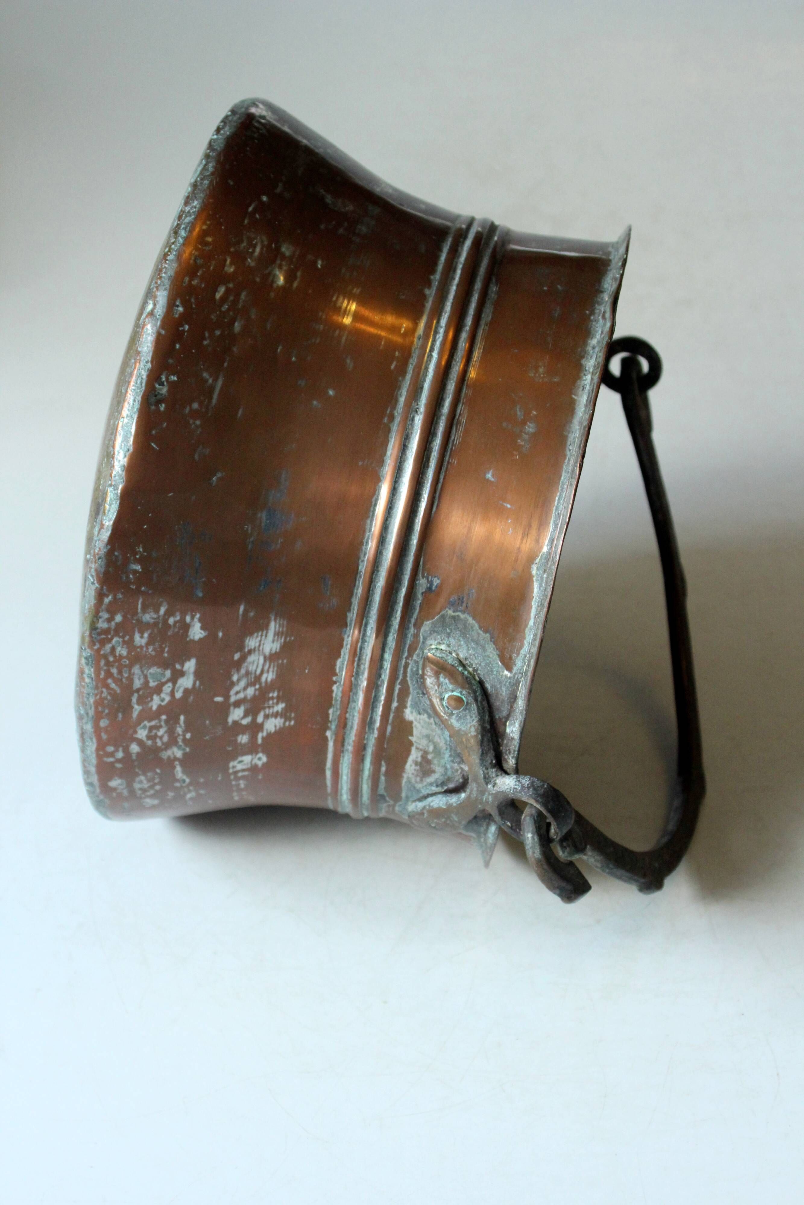Large copper planter with wrought iron handle, Boho, vintage from the 1950s