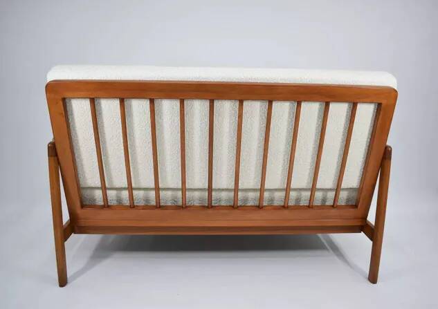 1960s canapé, in teak and white boucle.