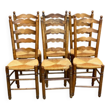 6 Rustic Solid Wood and Straw Chairs in 1960s Country Style